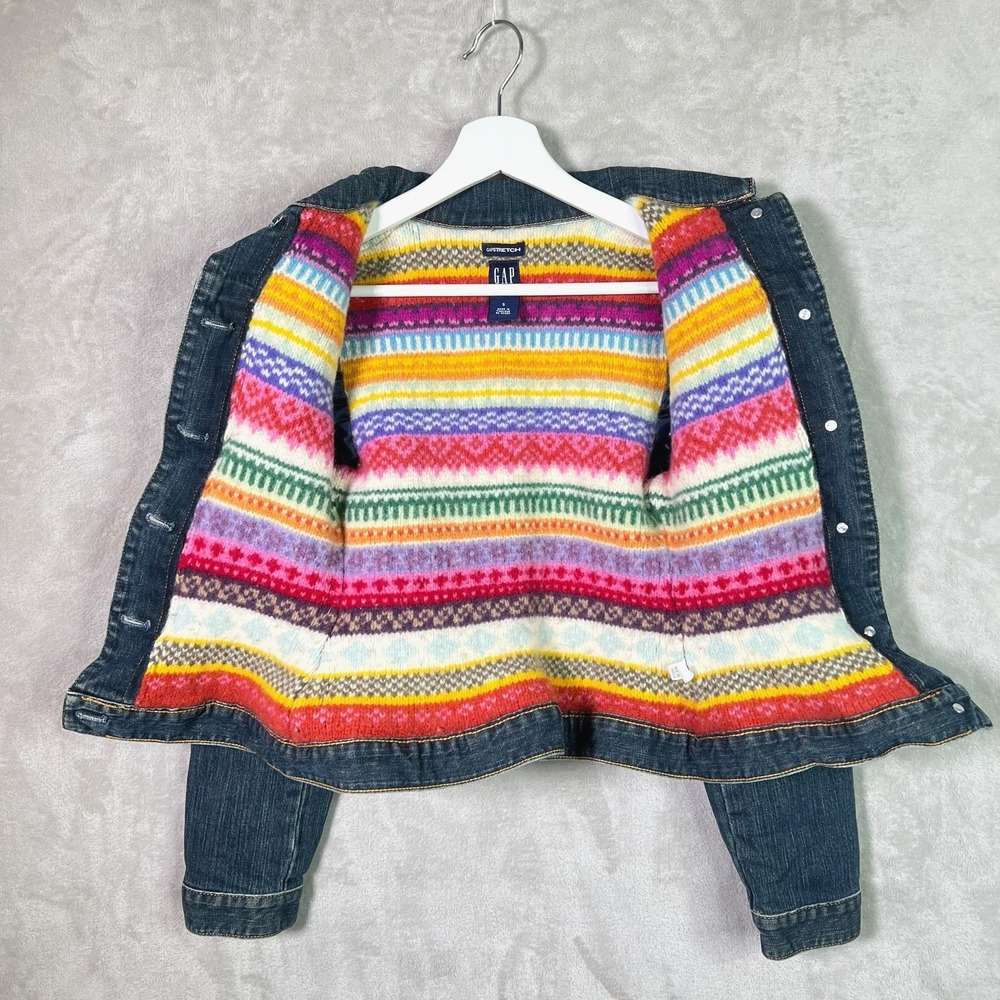 Vintage Gap‎ Stretch Denim Trucker Jacket S Fair Isle Wool Lined Y2K Winter Cozy